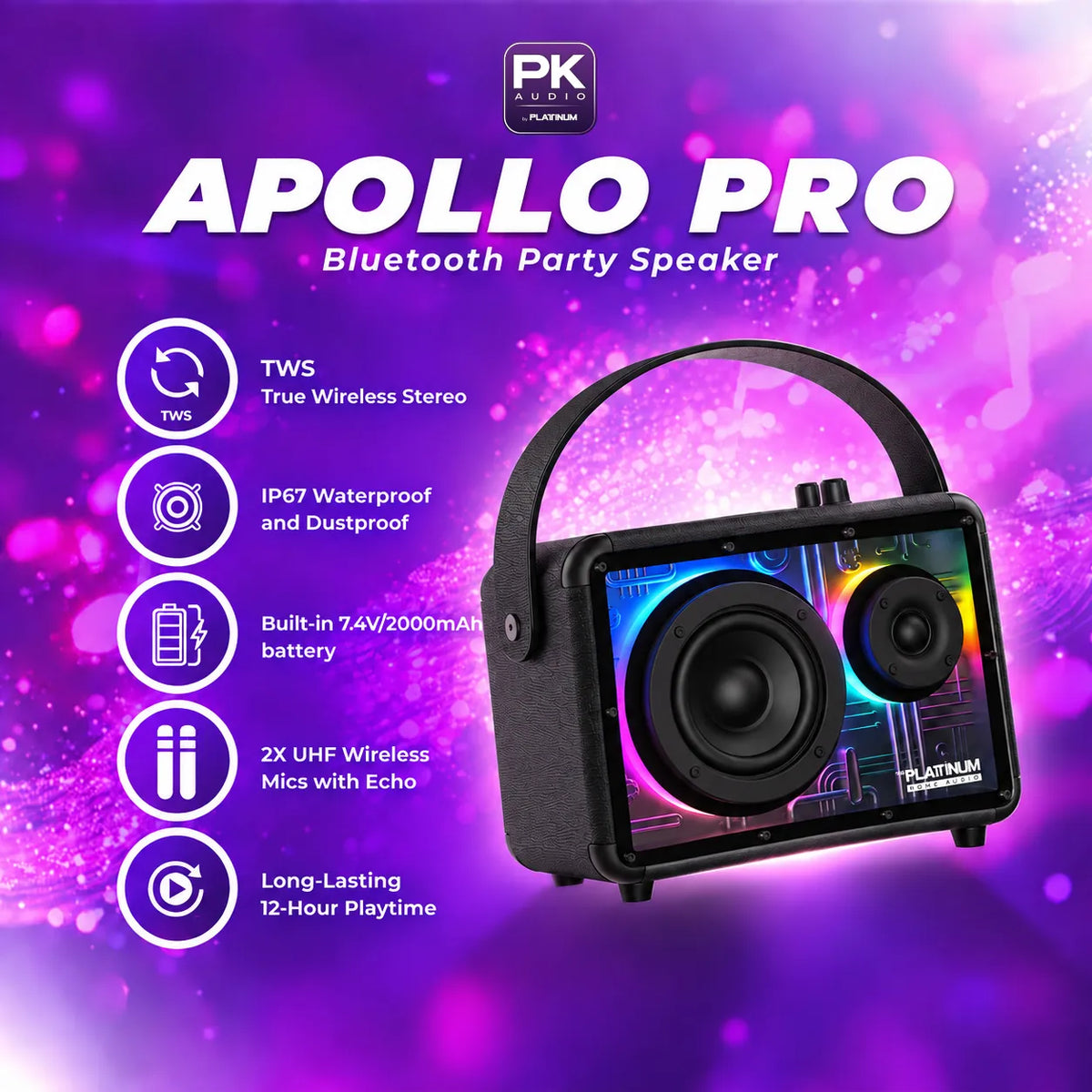 APOLLO PRO Portable BT Speaker with UHF Microphones and Echo effect