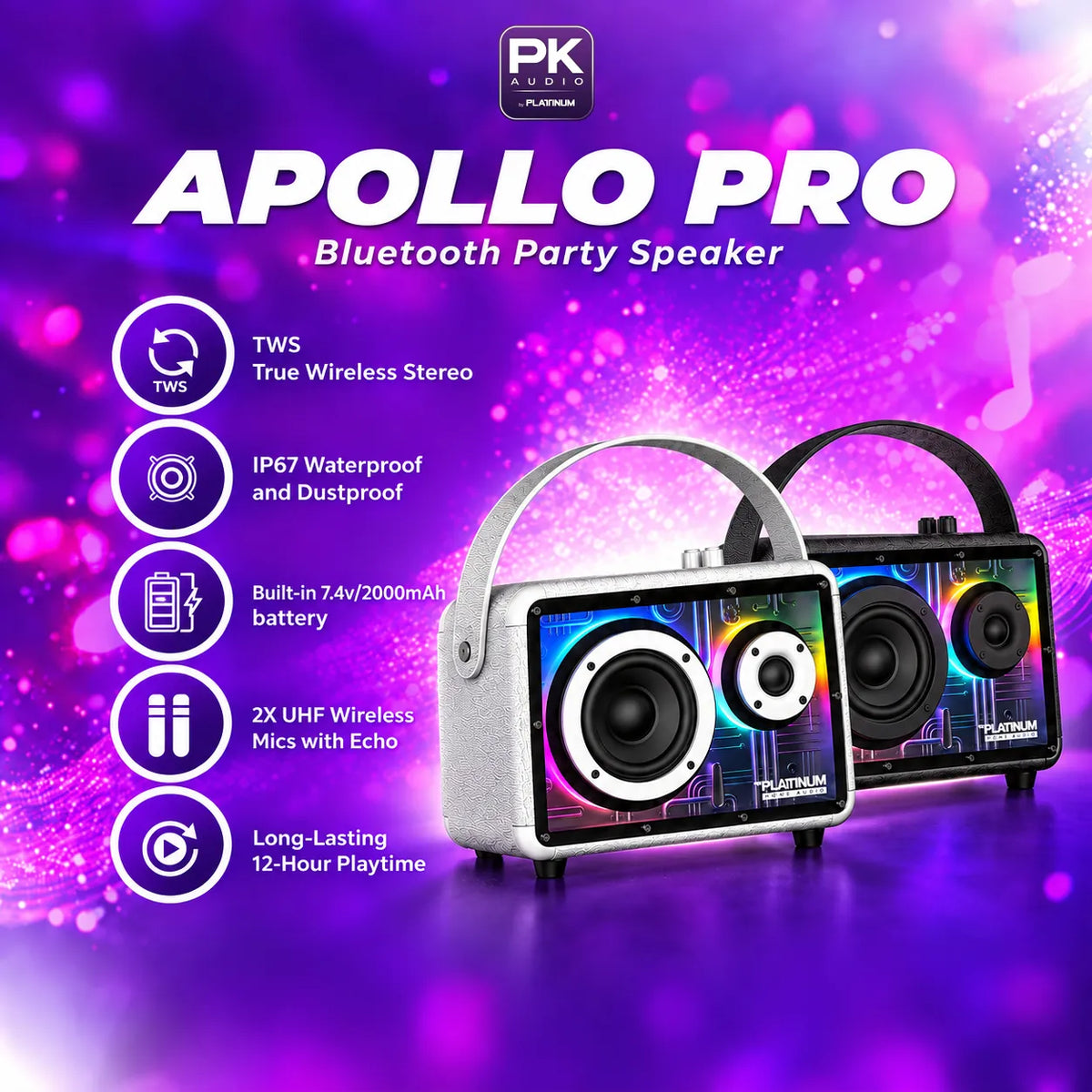 APOLLO PRO Portable BT Speaker with UHF Microphones and Echo effect