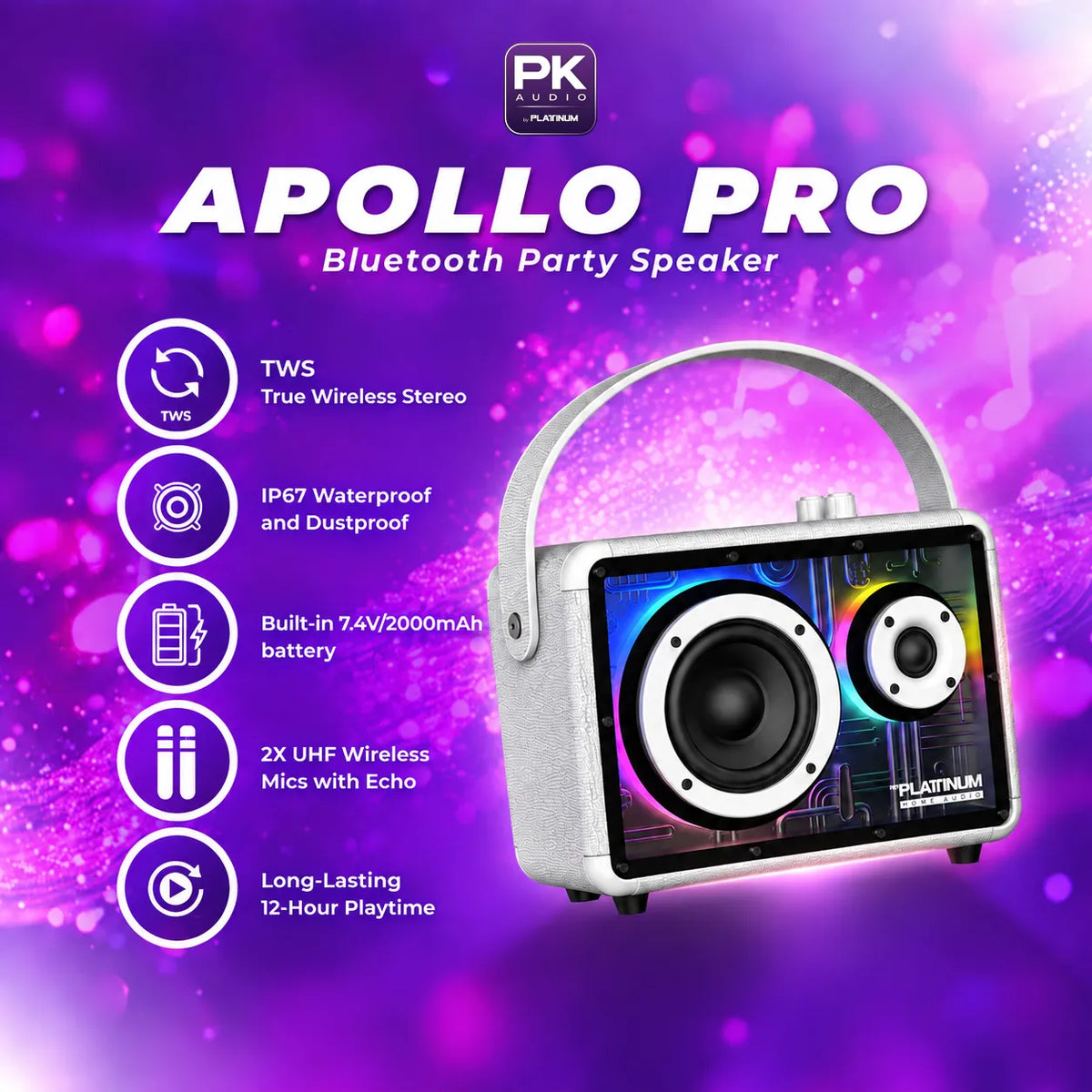 APOLLO PRO Portable BT Speaker with UHF Microphones and Echo effect