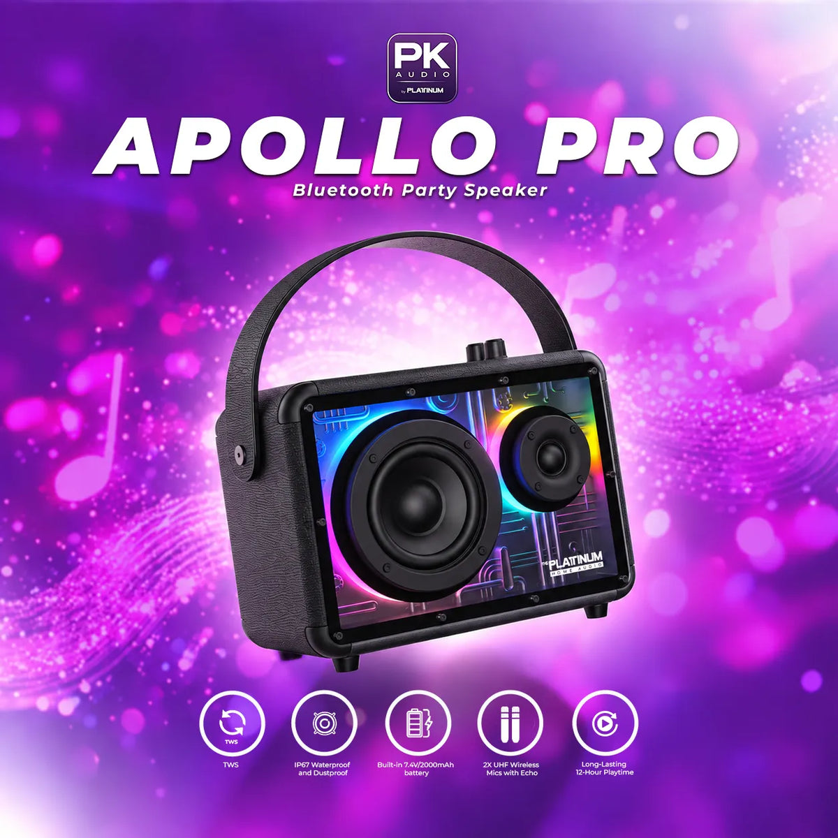 APOLLO PRO Portable BT Speaker with UHF Microphones and Echo effect