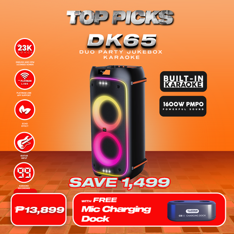 DK65 Duo Party Jukebox with Free Mic Charging Dock